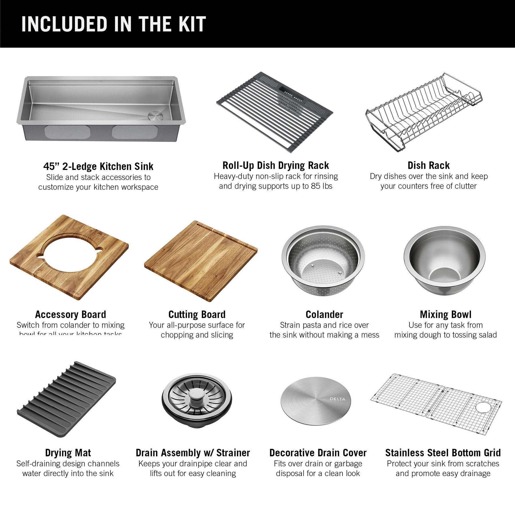 45” Workstation Undermount Single Bowl 16 Gauge Stainless Steel Kitchen Sink with 2-Tier WorkFlow™ Ledge and Accessories, image 5